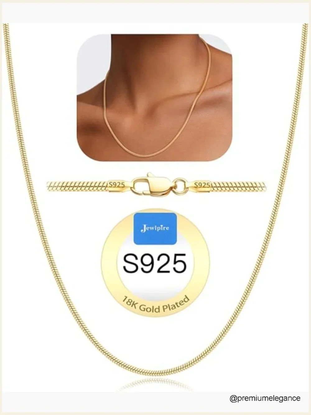 1.5-2.5mm Snake Chain Necklace 18k Gold Plated 925 Sterling Silver Lobster